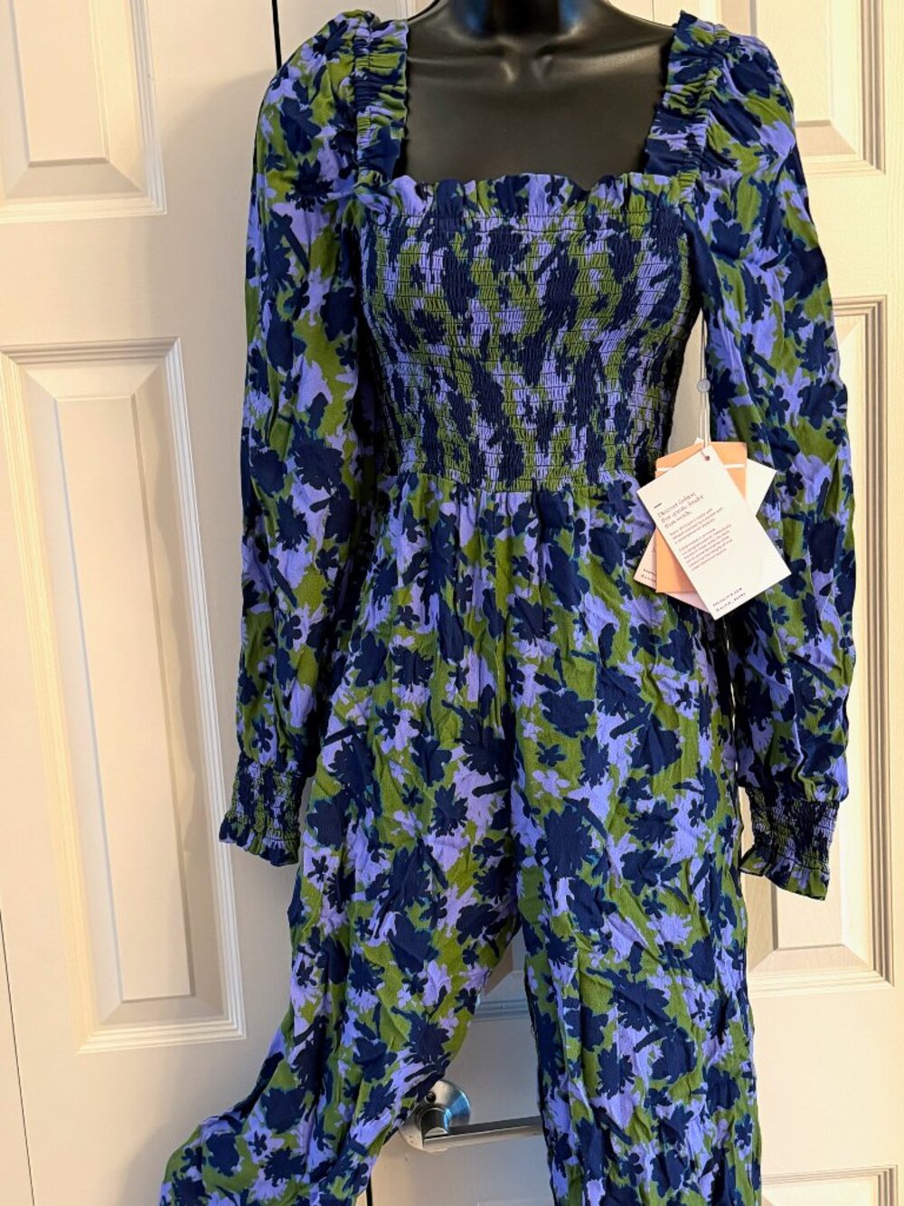ALIVIA Floral Smocked Jumpsuit NWT Blue Green Long Sleeve Wide Leg